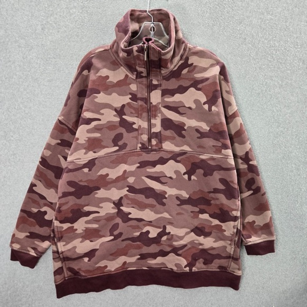Old Navy Women Sweatshirt Large Brown Camo 1/4 Zip Funnel Neck Long Sleeve